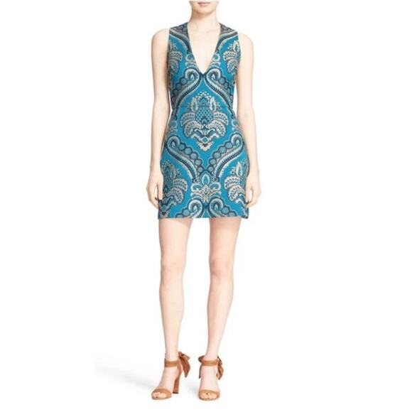 ALICE & OLIVIA 'NATALEE' JACQUARD RACERBACK A-LINE DRESS sz 6 Teal - Picture 1 of 11